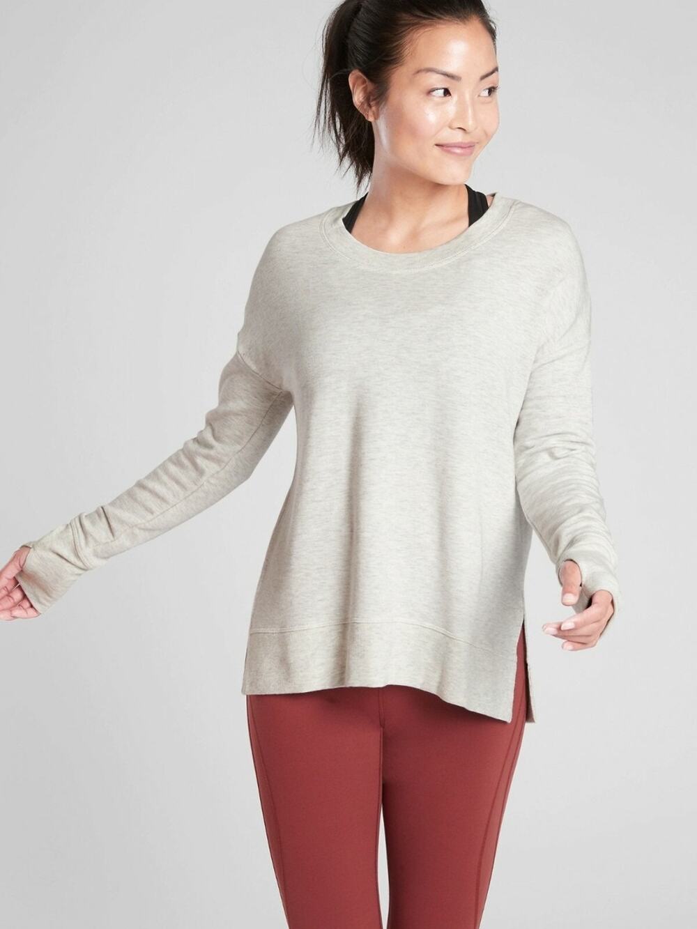 Athleta Coaster Luxe Recover Fog Grey Crewneck Sweatshirt Sz XS Thumbholes Modal